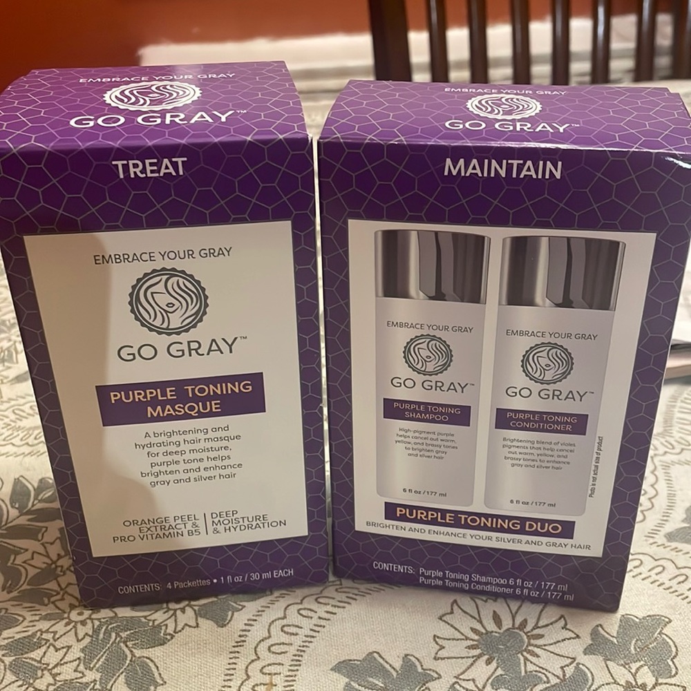 Purple toning mask and purple toning shampoo and conditioner duo.